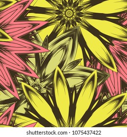 Seamless floral background. Tracery handmade nature ethnic fabric backdrop pattern with flowers. Textile design texture. Decorative color art. Vector
