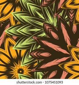Seamless floral background. Tracery handmade nature ethnic fabric backdrop pattern with flowers. Textile design texture. Decorative color art. Vector