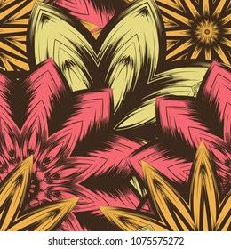 Seamless floral background. Tracery handmade nature ethnic fabric backdrop pattern with flowers. Textile design texture. Decorative color art. Vector