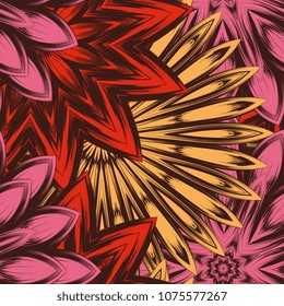 Seamless floral background. Tracery handmade nature ethnic fabric backdrop pattern with flowers. Textile design texture. Decorative color art. Vector