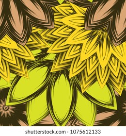 Seamless floral background. Tracery handmade nature ethnic fabric backdrop pattern with flowers. Textile design texture. Decorative color art. Vector
