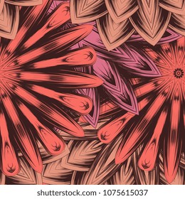 Seamless floral background. Tracery handmade nature ethnic fabric backdrop pattern with flowers. Textile design texture. Decorative color art. Vector
