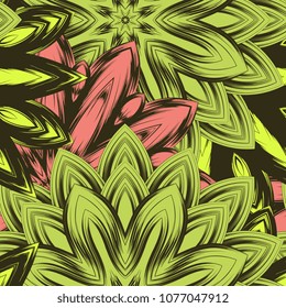 Seamless floral background. Tracery handmade nature ethnic fabric backdrop pattern with flowers. Textile design texture. Decorative color art. Vector