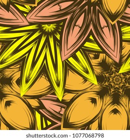 Seamless floral background. Tracery handmade nature ethnic fabric backdrop pattern with flowers. Textile design texture. Decorative color art. Vector