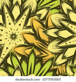 Seamless floral background. Tracery handmade nature ethnic fabric backdrop pattern with flowers. Textile design texture. Decorative color art. Vector