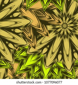Seamless floral background. Tracery handmade nature ethnic fabric backdrop pattern with flowers. Textile design texture. Decorative color art. Vector