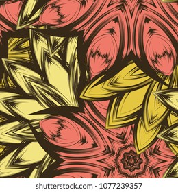Seamless floral background. Tracery handmade nature ethnic fabric backdrop pattern with flowers. Textile design texture. Decorative color art. Vector