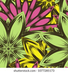 Seamless floral background. Tracery handmade nature ethnic fabric backdrop pattern with flowers. Textile design texture. Decorative color art. Vector