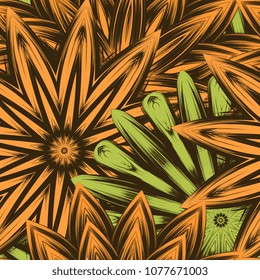 Seamless floral background. Tracery handmade nature ethnic fabric backdrop pattern with flowers. Textile design texture. Decorative color art. Vector