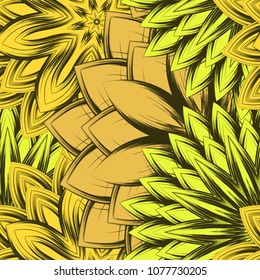 Seamless floral background. Tracery handmade nature ethnic fabric backdrop pattern with flowers. Textile design texture. Decorative color art. Vector
