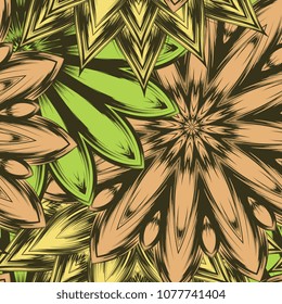 Seamless floral background. Tracery handmade nature ethnic fabric backdrop pattern with flowers. Textile design texture. Decorative color art. Vector
