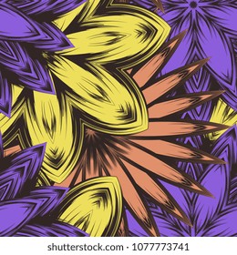 Seamless floral background. Tracery handmade nature ethnic fabric backdrop pattern with flowers. Textile design texture. Decorative color art. Vector