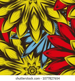 Seamless floral background. Tracery handmade nature ethnic fabric backdrop pattern with flowers. Textile design texture. Decorative color art. Vector