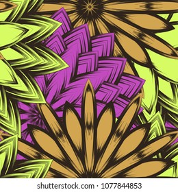 Seamless floral background. Tracery handmade nature ethnic fabric backdrop pattern with flowers. Textile design texture. Decorative color art. Vector
