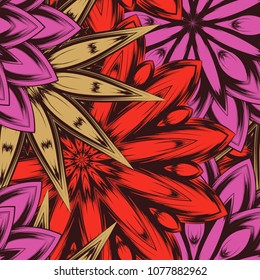 Seamless floral background. Tracery handmade nature ethnic fabric backdrop pattern with flowers. Textile design texture. Decorative color art. Vector