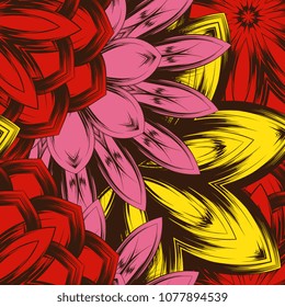 Seamless floral background. Tracery handmade nature ethnic fabric backdrop pattern with flowers. Textile design texture. Decorative color art. Vector