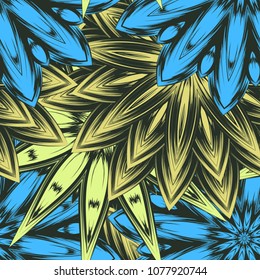 Seamless floral background. Tracery handmade nature ethnic fabric backdrop pattern with flowers. Textile design texture. Decorative color art. Vector