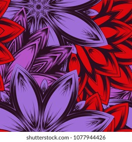 Seamless floral background. Tracery handmade nature ethnic fabric backdrop pattern with flowers. Textile design texture. Decorative color art. Vector