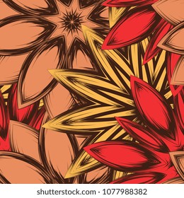Seamless floral background. Tracery handmade nature ethnic fabric backdrop pattern with flowers. Textile design texture. Decorative color art. Vector