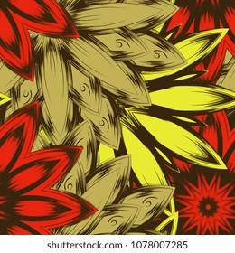 Seamless floral background. Tracery handmade nature ethnic fabric backdrop pattern with flowers. Textile design texture. Decorative color art. Vector