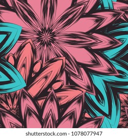 Seamless floral background. Tracery handmade nature ethnic fabric backdrop pattern with flowers. Textile design texture. Decorative color art. Vector