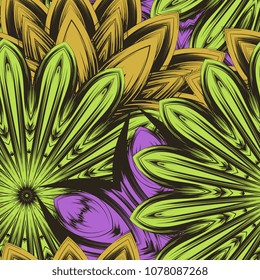 Seamless floral background. Tracery handmade nature ethnic fabric backdrop pattern with flowers. Textile design texture. Decorative color art. Vector