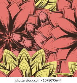 Seamless floral background. Tracery handmade nature ethnic fabric backdrop pattern with flowers. Textile design texture. Decorative color art. Vector