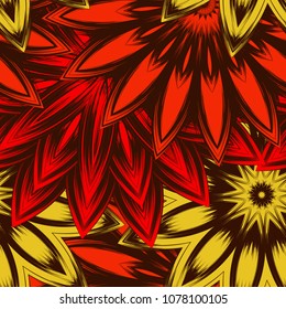Seamless floral background. Tracery handmade nature ethnic fabric backdrop pattern with flowers. Textile design texture. Decorative color art. Vector