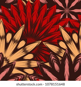 Seamless floral background. Tracery handmade nature ethnic fabric backdrop pattern with flowers. Textile design texture. Decorative color art. Vector