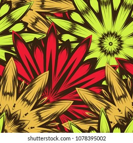 Seamless floral background. Tracery handmade nature ethnic fabric backdrop pattern with flowers. Textile design texture. Decorative color art. Vector
