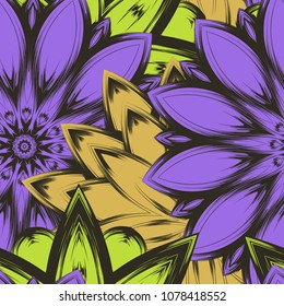 Seamless floral background. Tracery handmade nature ethnic fabric backdrop pattern with flowers. Textile design texture. Decorative color art. Vector
