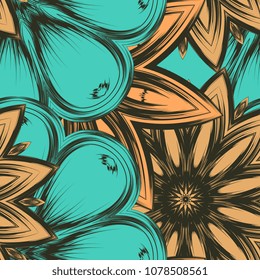 Seamless floral background. Tracery handmade nature ethnic fabric backdrop pattern with flowers. Textile design texture. Decorative color art. Vector