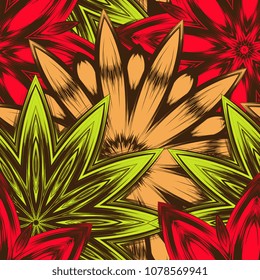 Seamless floral background. Tracery handmade nature ethnic fabric backdrop pattern with flowers. Textile design texture. Decorative color art. Vector
