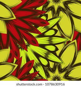 Seamless floral background. Tracery handmade nature ethnic fabric backdrop pattern with flowers. Textile design texture. Decorative color art. Vector
