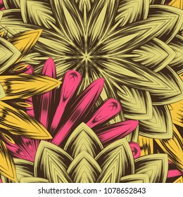 Seamless floral background. Tracery handmade nature ethnic fabric backdrop pattern with flowers. Textile design texture. Decorative color art. Vector