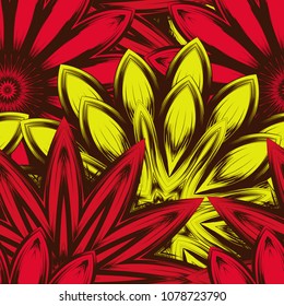 Seamless floral background. Tracery handmade nature ethnic fabric backdrop pattern with flowers. Textile design texture. Decorative color art. Vector