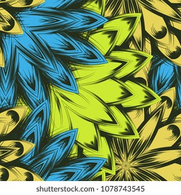 Seamless floral background. Tracery handmade nature ethnic fabric backdrop pattern with flowers. Textile design texture. Decorative color art. Vector