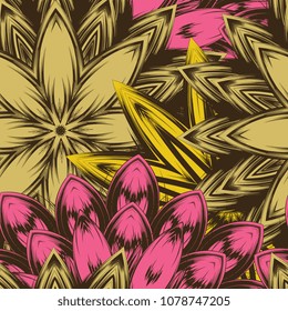 Seamless floral background. Tracery handmade nature ethnic fabric backdrop pattern with flowers. Textile design texture. Decorative color art. Vector