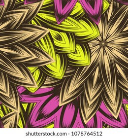 Seamless floral background. Tracery handmade nature ethnic fabric backdrop pattern with flowers. Textile design texture. Decorative color art. Vector