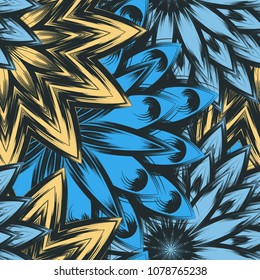 Seamless floral background. Tracery handmade nature ethnic fabric backdrop pattern with flowers. Textile design texture. Decorative color art. Vector