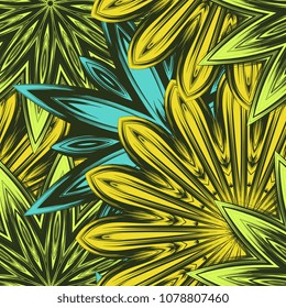 Seamless floral background. Tracery handmade nature ethnic fabric backdrop pattern with flowers. Textile design texture. Decorative color art. Vector