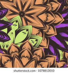 Seamless floral background. Tracery handmade nature ethnic fabric backdrop pattern with flowers. Textile design texture. Decorative color art. Vector