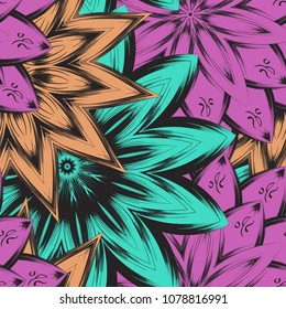Seamless floral background. Tracery handmade nature ethnic fabric backdrop pattern with flowers. Textile design texture. Decorative color art. Vector