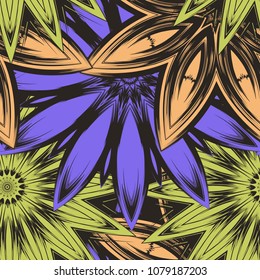 Seamless floral background. Tracery handmade nature ethnic fabric backdrop pattern with flowers. Textile design texture. Decorative color art. Vector