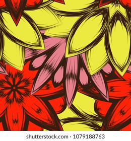 Seamless floral background. Tracery handmade nature ethnic fabric backdrop pattern with flowers. Textile design texture. Decorative color art. Vector