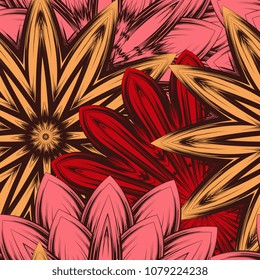 Seamless floral background. Tracery handmade nature ethnic fabric backdrop pattern with flowers. Textile design texture. Decorative color art. Vector