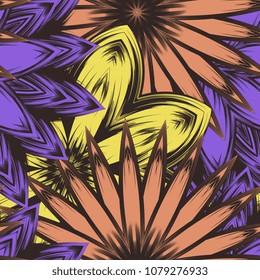 Seamless floral background. Tracery handmade nature ethnic fabric backdrop pattern with flowers. Textile design texture. Decorative color art. Vector