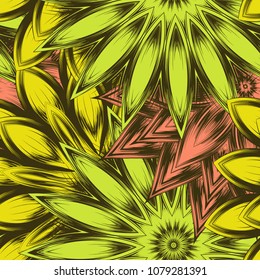 Seamless floral background. Tracery handmade nature ethnic fabric backdrop pattern with flowers. Textile design texture. Decorative color art. Vector