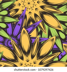Seamless floral background. Tracery handmade nature ethnic fabric backdrop pattern with flowers. Textile design texture. Decorative color art. Vector