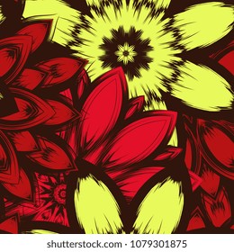 Seamless floral background. Tracery handmade nature ethnic fabric backdrop pattern with flowers. Textile design texture. Decorative color art. Vector
